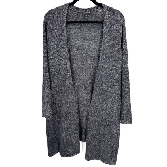 EILEEN FISHER Black Silver Metallic Linen Long Open Cardigan Size L Large - Picture 1 of 8